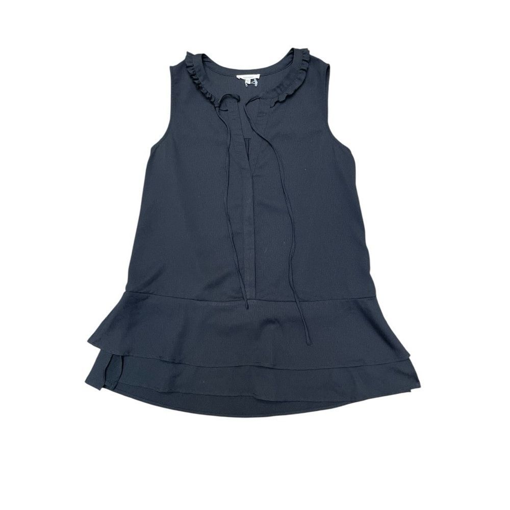 Pleione Black Ruffle Neck Sleeveless Blouse Tie Front Flowy Top Xs